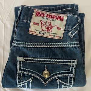 True Religion Men’s Bobby Blue Denim Thick White Stitch Jeans Size 32x34